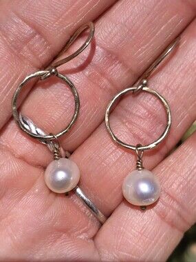 Exquisite and simple hammered circle genuine pearl 925 sterling silver gold